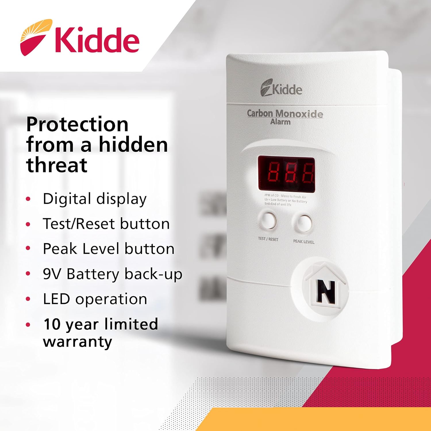Kidde Carbon Monoxide Detector, Plug-In with 9V Battery Backup, 85 dB Alarm, LED Status Light Indicators